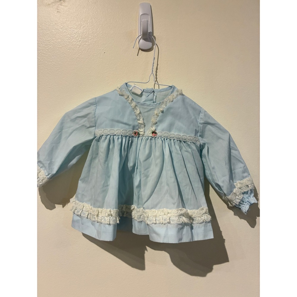Vintage Mini World Baby Dress Light Blue Lace Rosettes 9-12 Months Victorian